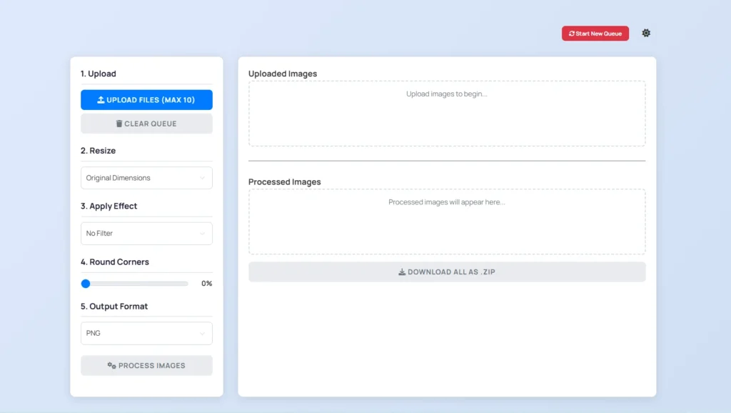 User interface of an online batch image processing tool with a clean, modern dashboard. The left sidebar features controls for uploading, resizing, applying effects, rounding corners, and selecting an output format like PNG.