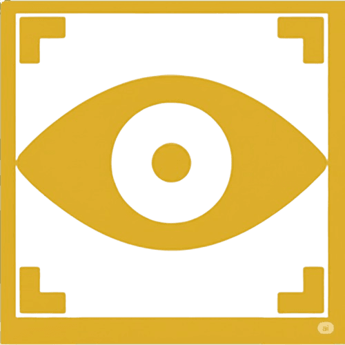 A stylized golden eye icon, representing vision or focus, centered within a square gold frame with corner reticles.