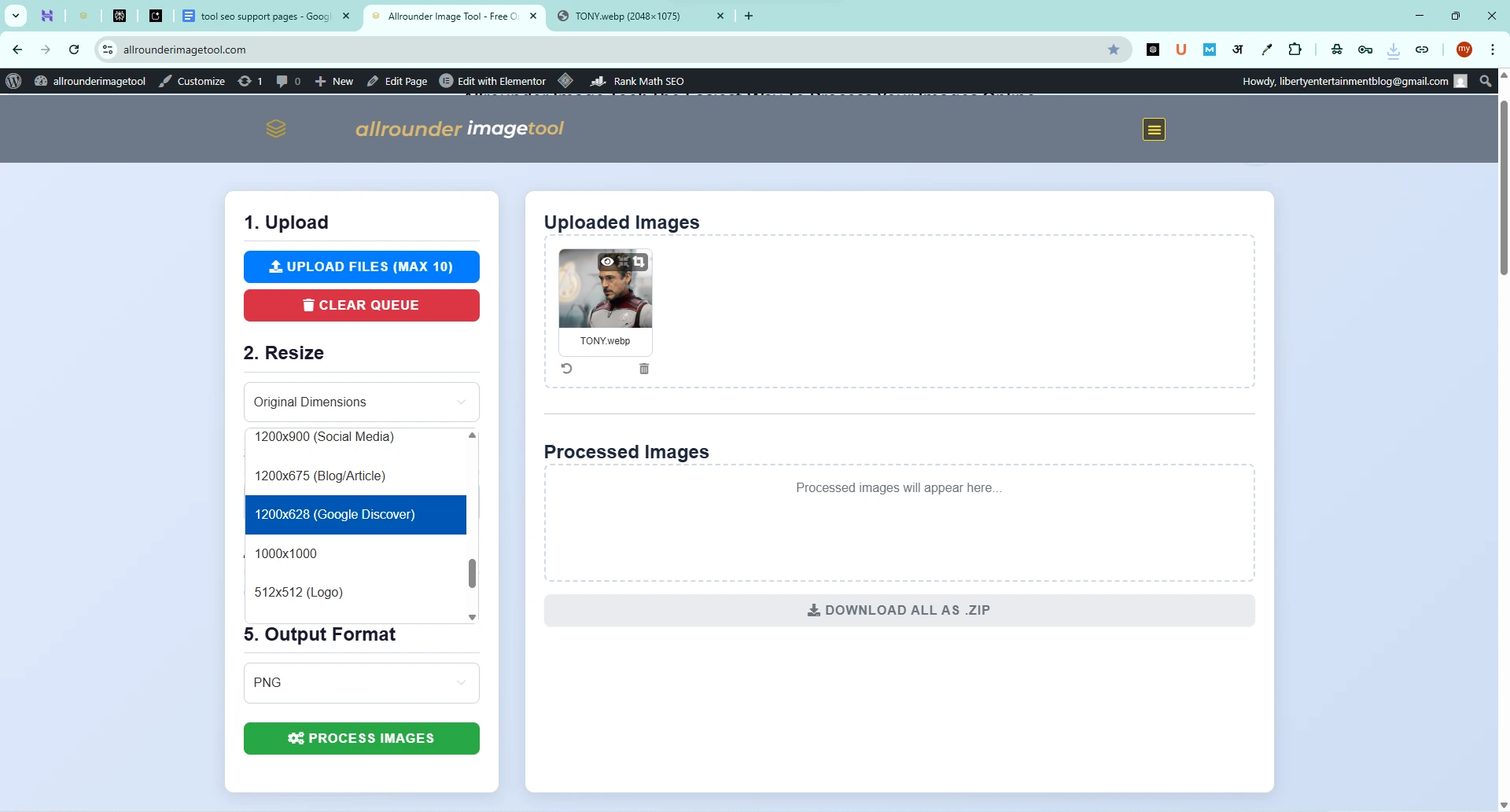 A graphic demonstrating how to resize an image for a website, showing the clear before-and-after results of using the Allrounder Image Tool.